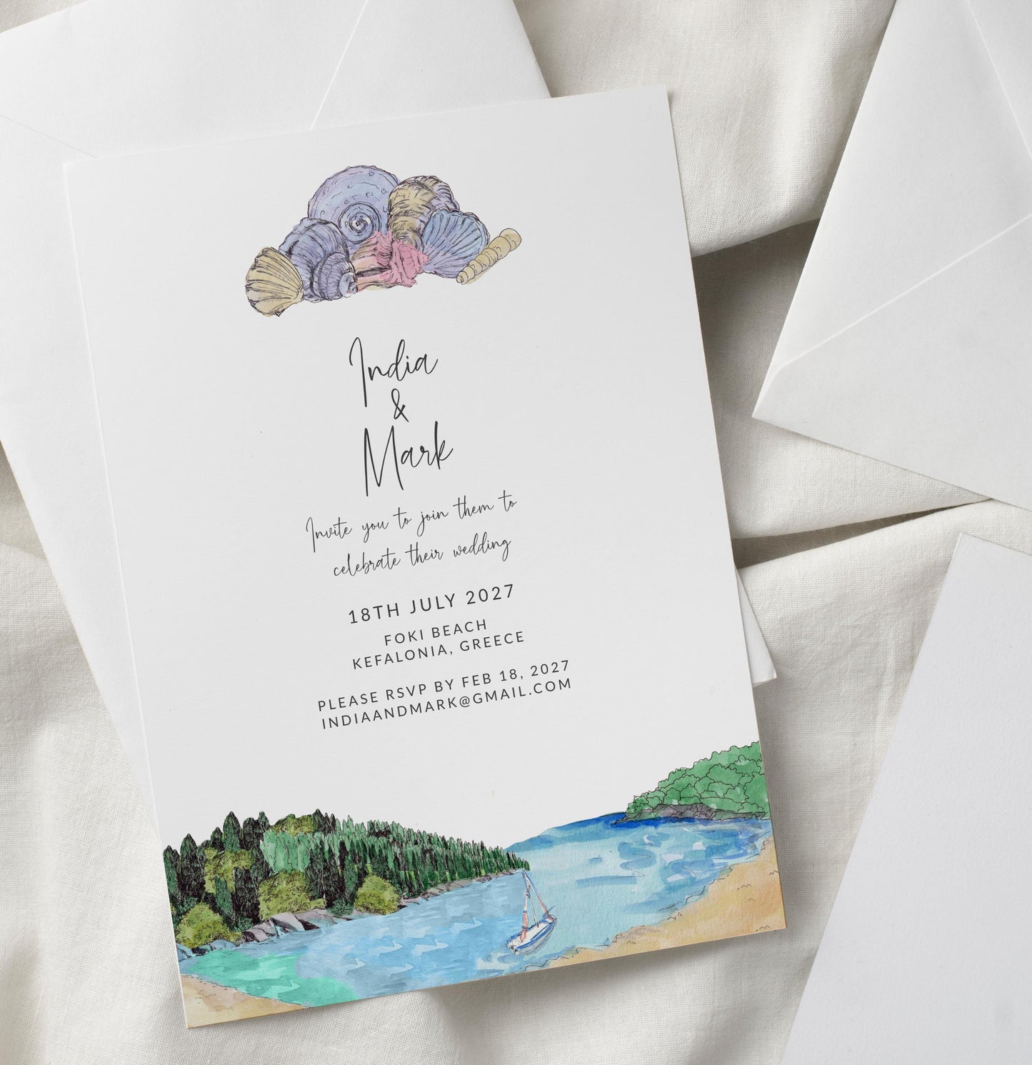 Sea Shells Greek Beach Themed Wedding Invitation with 8 TEMPLATES, Optional Customisation & Print, Wedding Invite, Pastel Coastal Scene Printable Elegant EDITABLE Download