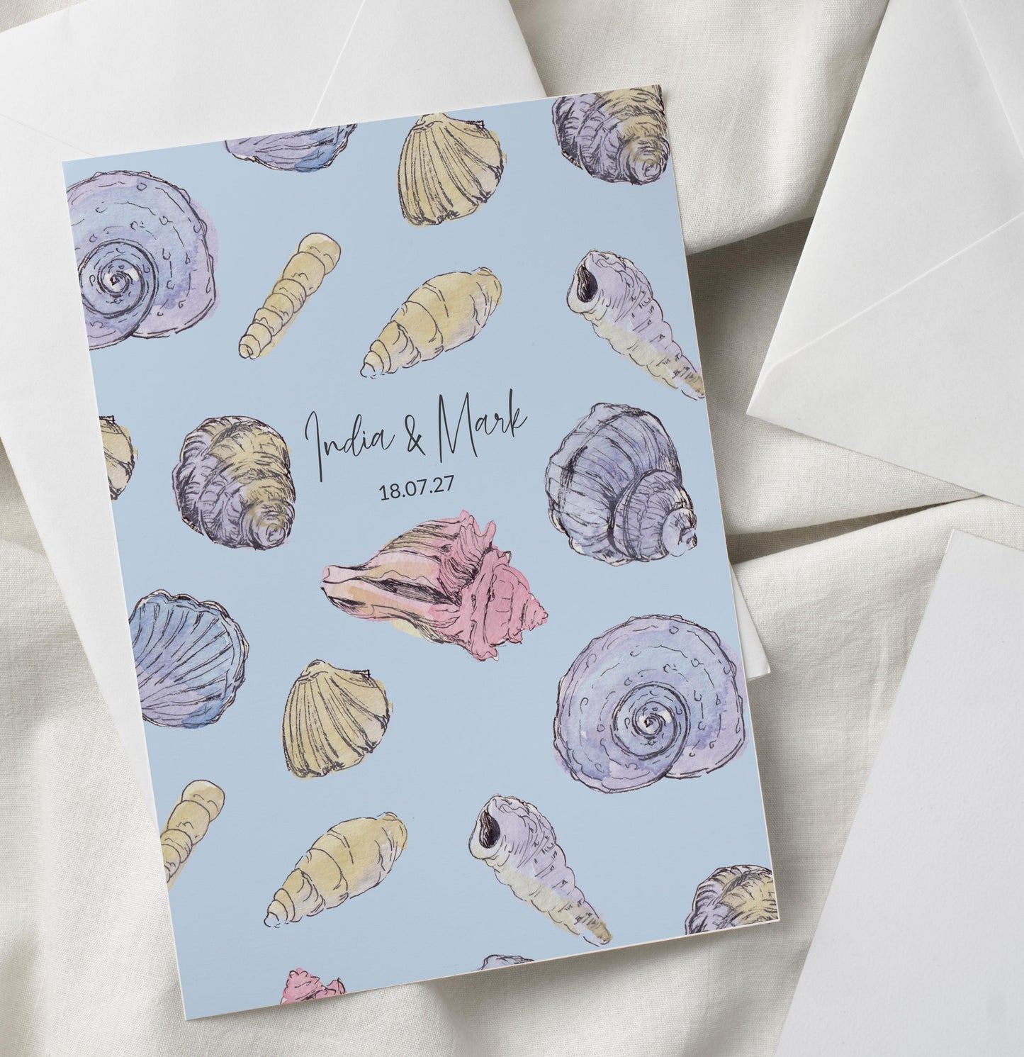 Sea Shells Greek Beach Themed Wedding Invitation with 8 TEMPLATES, Optional Customisation & Print, Wedding Invite, Pastel Coastal Scene Printable Elegant EDITABLE Download