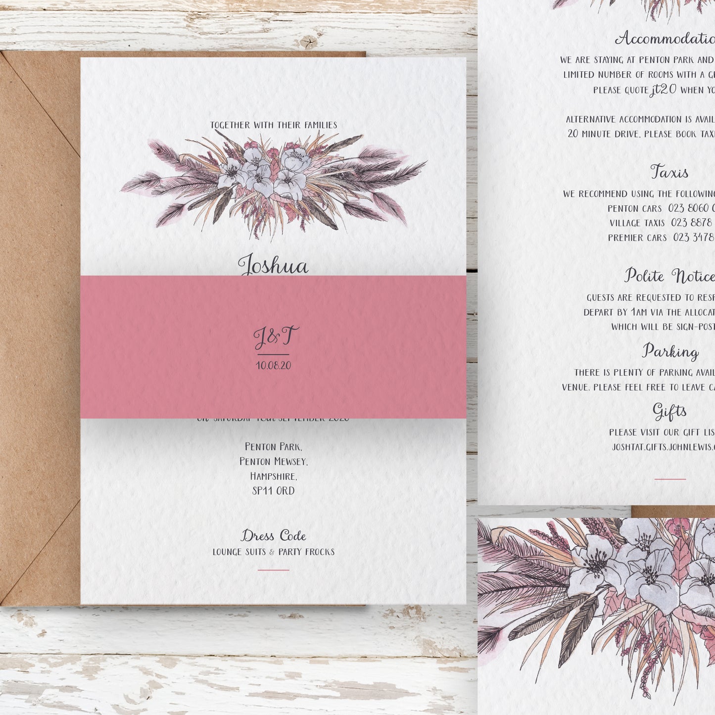 Boho Pampas Grass Cloud with Wild Flowers Customised Wedding Invitation Set