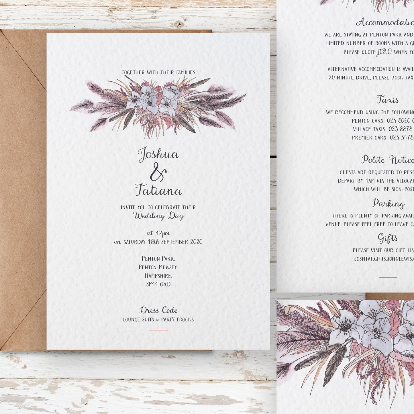 Boho Pampas Grass Cloud with Wild Flowers Customised Wedding Invitation Set