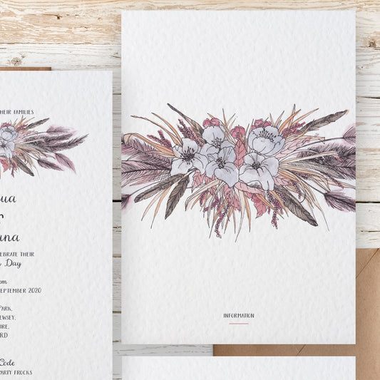 Boho Pampas Grass Cloud with Wild Flowers Customised Wedding Invitation Set